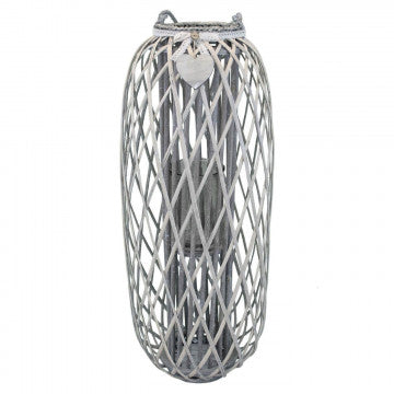 Lanterna in vimini grigio e vetro con nastro pizzo, altezza 106 cm