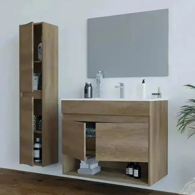 Set di mobili per bagno con colonna sospesa Dalia-Erika in rovere nordico, design moderno con venature naturali, dimensioni 30x26x140 cm.