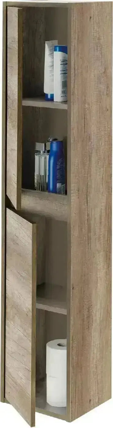 Colonna sospesa Dalia-Erika in rovere nordico con due ante e ripiani interni, ideale per organizzare accessori da bagno, dimensioni 30x26x140 cm.