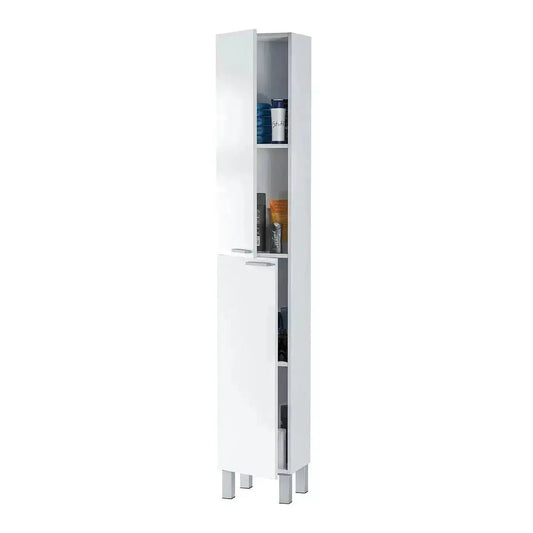 Colonna bagno sospesa 30x26x170h bianco in melanina con ante a sportello e design moderno, ideale per organizzare accessori da bagno.