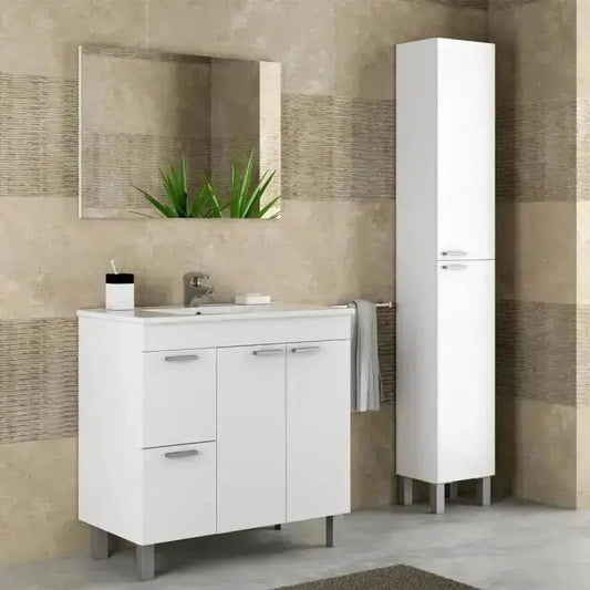 Set di mobili per bagno con colonna sospesa bianca in melanina e mobile lavabo coordinato, perfetto per un bagno elegante e funzionale.