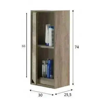 Colonna sospesa rovere nordico con anta aperta, due ripiani interni per organizzare accessori bagno. Dimensioni e dettagli visibili.