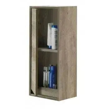 Mobile bagno sospeso in rovere nordico con anta aperta, ripiani interni per prodotti da bagno. Design pratico e moderno.