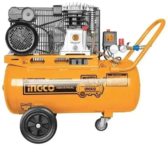 Compressore ad aria 100LT Ingco con serbatoio da 100 litri, motore 3HP, pompa a olio e trasmissione a cinghia per uso industriale.
