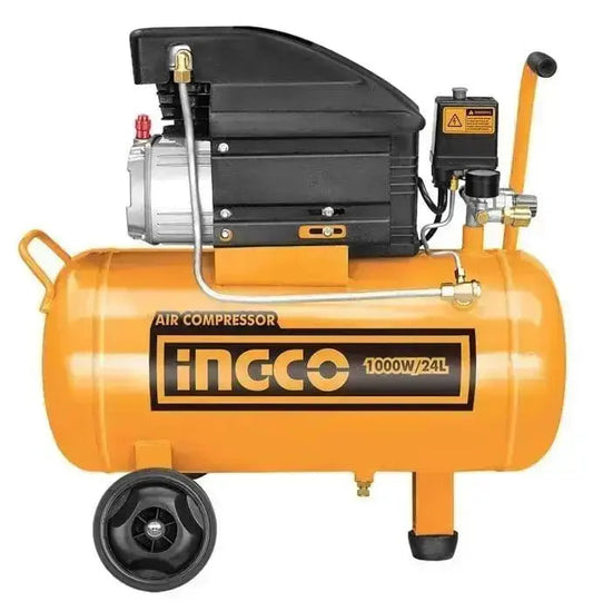 Compressore ad aria 24lt INGCO con serbatoio da 24 litri e motore da 1000W, ideale per attrezzi pneumatici e gonfiaggio pneumatici.
