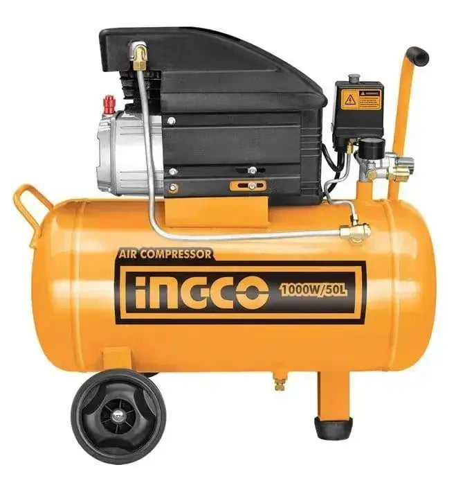 Compressore ad aria 50lt Ingco con motore da 1000W, serbatoio orizzontale e ruote per il trasporto. Ideale per uso professionale e domestico.