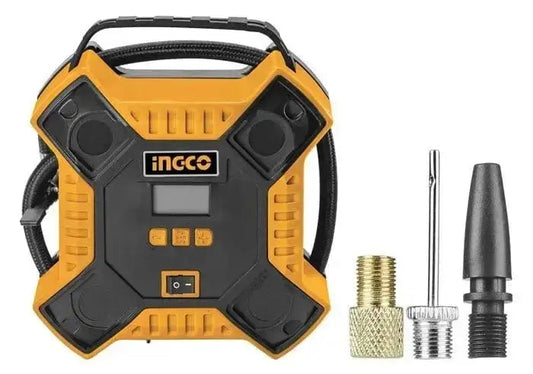 Compressore auto 12V 11BAR Ingco con display digitale, luce LED e accessori per gonfiaggio, ideale per pneumatici e gonfiabili.