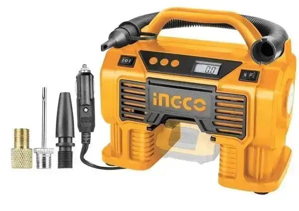 Compressore auto batteria al litio 20V 11BAR Ingco con display digitale, accessori e doppia alimentazione, ideale per pneumatici e gonfiaggio rapido