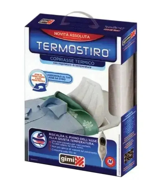 Copriasse termico Gimi Termostiro 45x126 cm con regolatore di temperatura, confezione originale per assi da stiro elettrici.