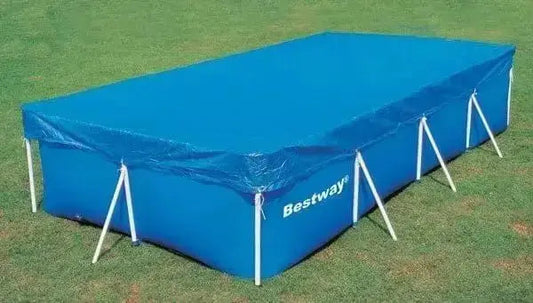 Copripiscina Frame 400x211 blu installato su piscina rettangolare Bestway, ideale per protezione e pulizia. Perfetto per piscine Steel Pro Frame.
