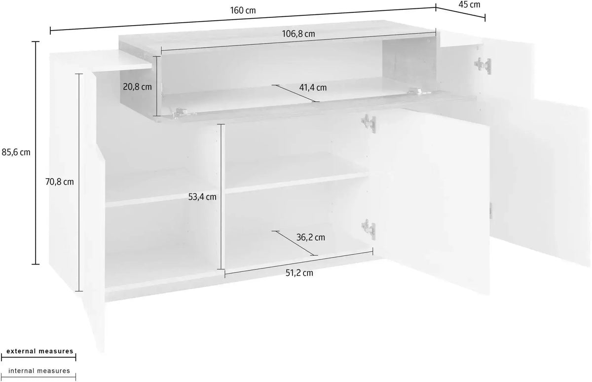 Credenza Moderna CORO con 3 Ante Battenti e 1 Anta Ribaltabile, Bianco Lucido - Acero Pereira Credenze Italy Web forniture   