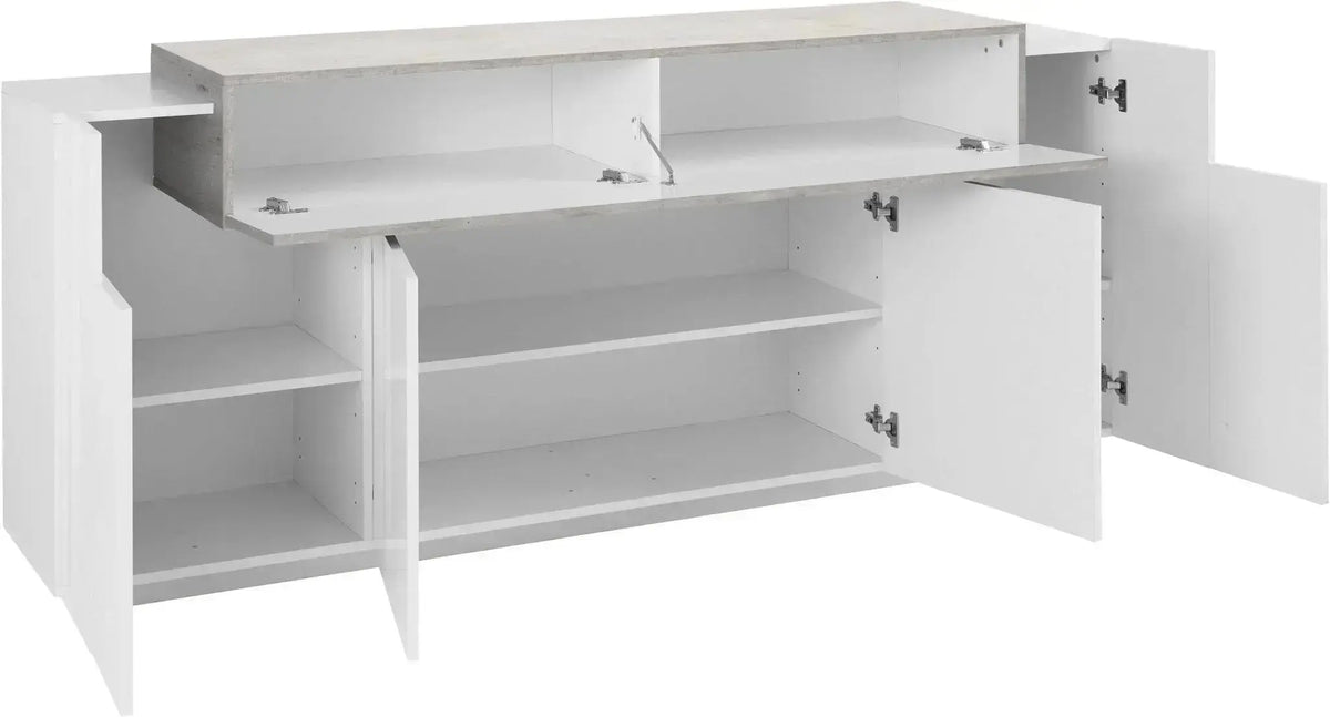 Credenza Moderna CORO: 4 Ante Battente e 1 Anta Ribalta Bianco Lucido - Cemento Credenze Italy Web forniture   