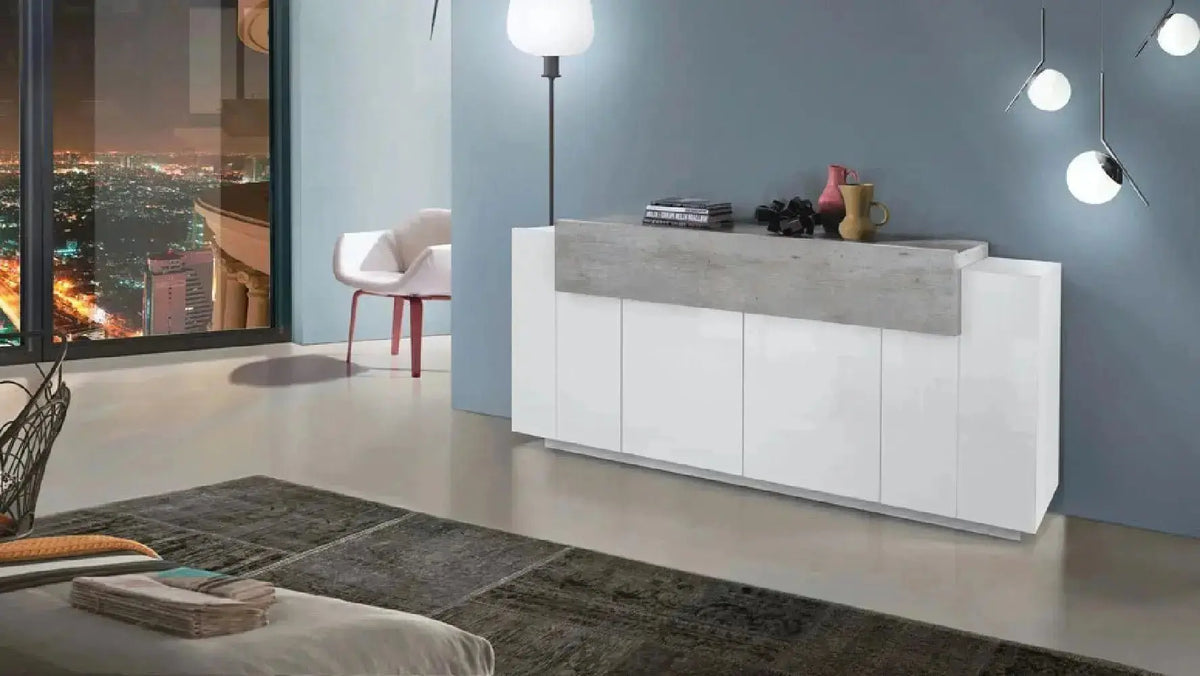 Credenza Moderna CORO: 4 Ante Battente e 1 Anta Ribalta Bianco Lucido - Cemento Credenze Italy Web forniture   