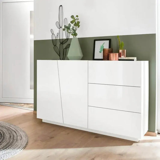 Credenza moderna VEGA con 2 ante battenti e 3 cassetti, bianco lucido 140 Credenze Italy Web forniture   