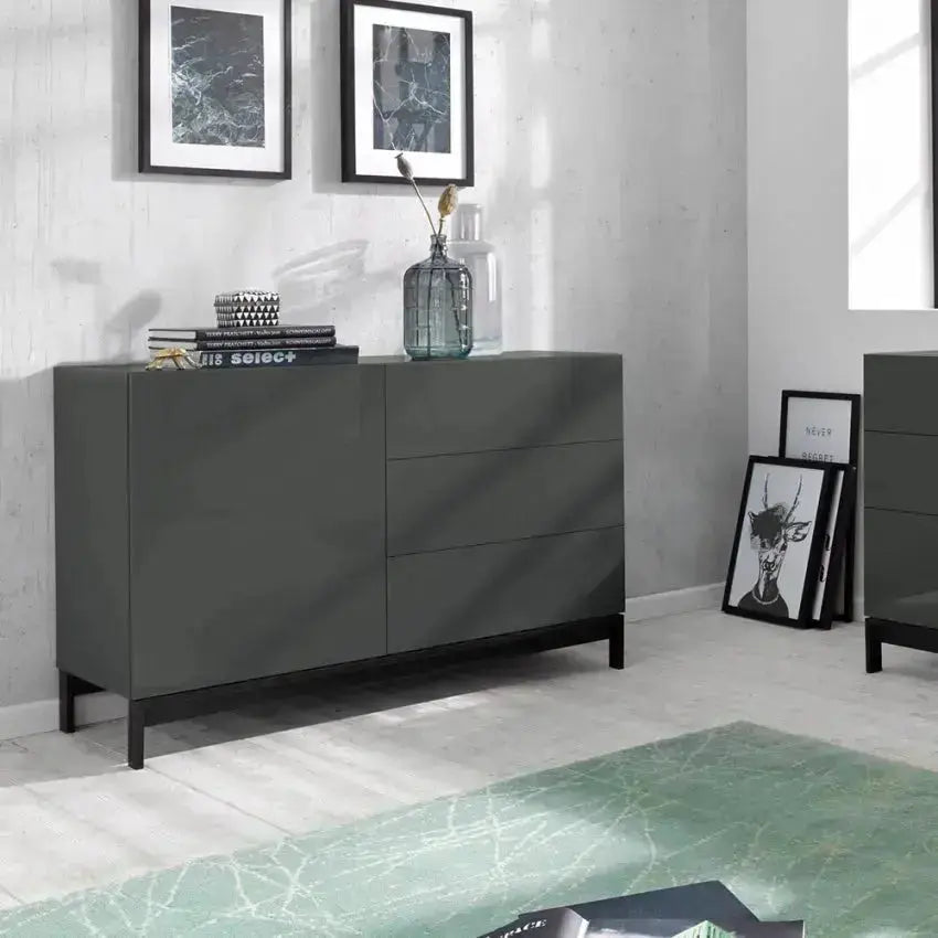 Credenza Moderna 1 Anta + 3 Cassetti Metis con Piede in Metallo Antracite Laccato Credenze Italy Web forniture   