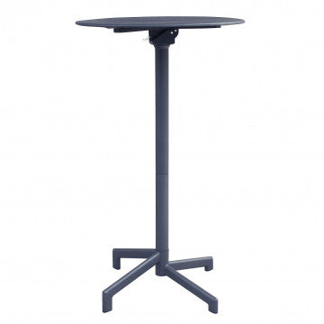 Tavolo Alto Vega ø 60 in acciaio nero con trattamento antiruggine, ideale per esterni. Design moderno e struttura pieghevole salvaspazio.