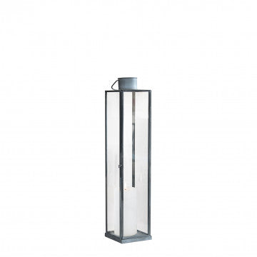 Lanterna in metallo e vetro grigio, dimensioni 10x10x46 cm