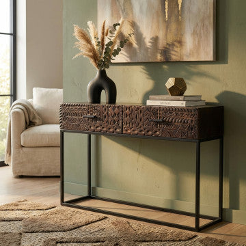 Consolle in legno di mango con decoro wengé e struttura in ferro