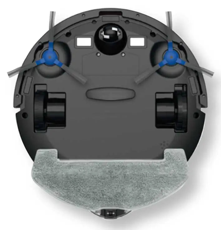 Vista inferiore di aspirapolvere robot 3 in 1 DCG con spazzole laterali, ruote di movimento e sensori di navigazione, superficie grigia