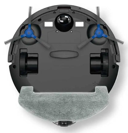 Vista inferiore di aspirapolvere robot 3 in 1 DCG con spazzole laterali, ruote di movimento e sensori di navigazione, superficie grigia