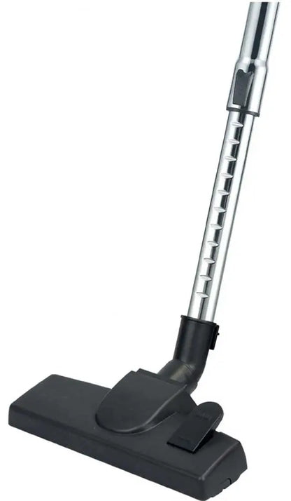 Testa di scopa con asta telescopica in metallo e base di appoggio, perfetta per pulire pavimenti e superfici dure, colore nero e argento