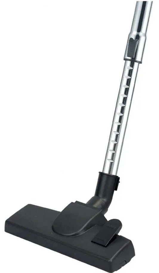 Testa di scopa con asta telescopica in metallo e base di appoggio, perfetta per pulire pavimenti e superfici dure, colore nero e argento