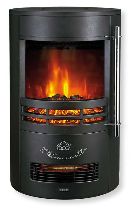 Camino elettrico nero con effetto fiamma, dimensioni 41x41x64,5cm, con griglia di protezione e riscaldamento a 1000/2000W, design elegante.