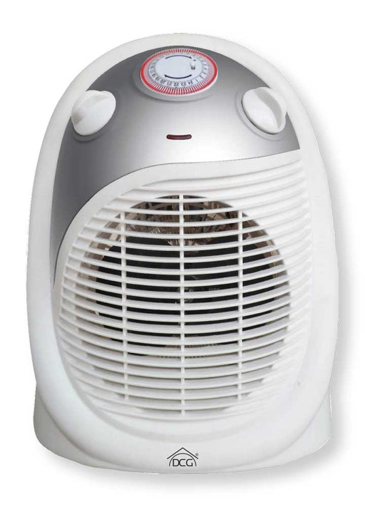 Termoventilatore compatto da 2000W con regolazione timer 24h, corpo in plastica bianca e griglia frontale per riscaldamento efficiente, dotato di manopole di controllo