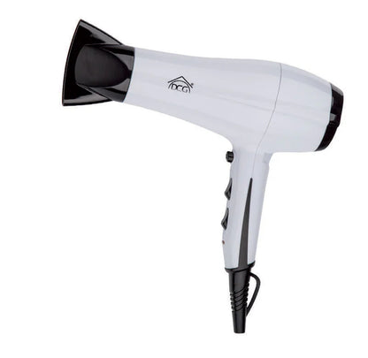Asciugacapelli 2200W bianco con diffusore e beccuccio concentratore, ideale per asciugature rapide e protezione dal surriscaldamento.