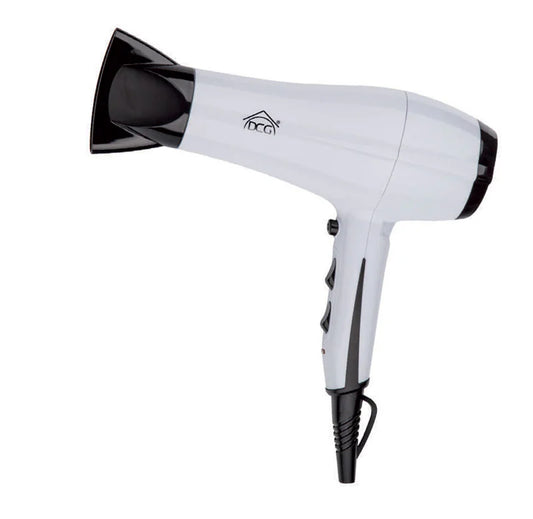 Asciugacapelli 2200W bianco con diffusore e beccuccio concentratore, ideale per asciugature rapide e protezione dal surriscaldamento.