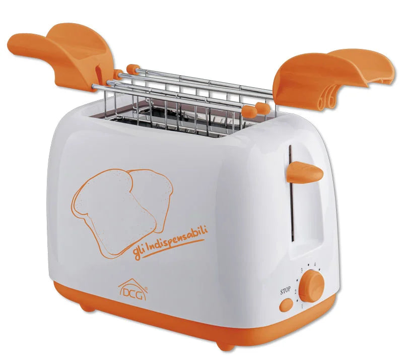 Tostapane elettrico 2 fette bianco e arancione con timer regolabile, autospegnimento e pinze pop up, perfetto per la cucina moderna.