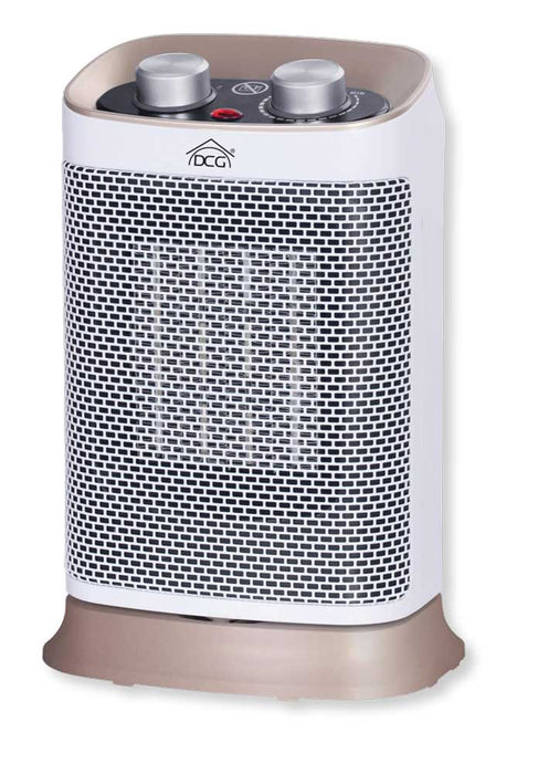 Stufa ceramica oscillante bianca con pannello di controllo con due manopole, griglia frontale e base beige, ideale per riscaldamento domestico.