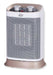 Stufa ceramica oscillante bianca con pannello di controllo con due manopole, griglia frontale e base beige, ideale per riscaldamento domestico.