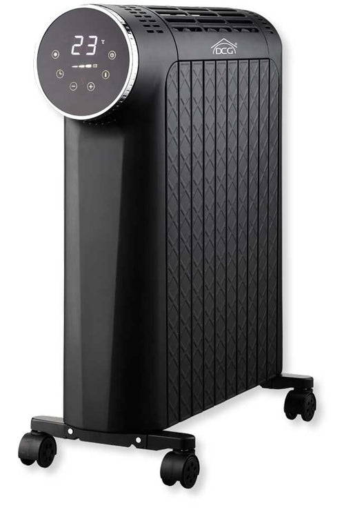 Radiatore ad olio digitale nero con display touch, ruote, controllo della temperatura e timer, ideale per riscaldamento domestico, SKU: DCG-RA2912D