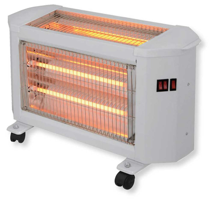 Stufa quarzo ventilata con elementi riscaldanti arancioni, corpo bianco, ruote per mobilità, interruttori di sicurezza, ideale per riscaldamento rapido