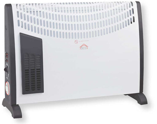 Termoconvettore bianco con pannello di controllo laterale, potenza 2000W, design compatto e piedini di supporto, ideale per riscaldamento domestico