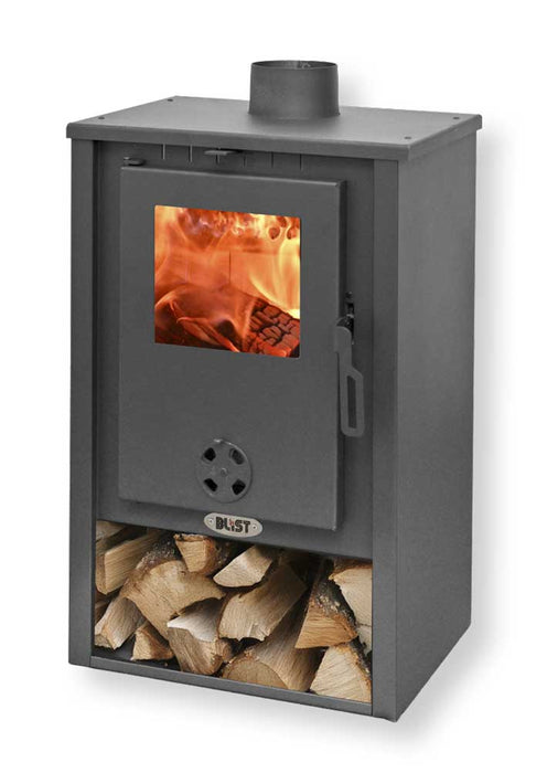 Stufa a legna in acciaio grigio con porta con vetro, vano per legna sotto, ideale per riscaldamento domestico, dimensioni 46x38x77 cm - SKU: DF-B1-4