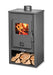 Stufa a legna in acciaio grigio con porta in vetro, vano per legna e canna fumaria, ideale per riscaldamento domestico, dimensioni 46x40x91cm.