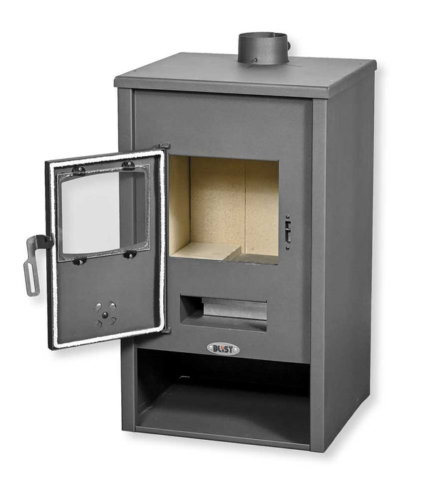 Stufa a legna in acciaio grigia con porta apribile, interno in materiale isolante, base con legna da ardere, dimensioni 510x490x910 mm