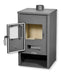 Stufa a legna in acciaio grigia con porta apribile, interno in materiale isolante, base con legna da ardere, dimensioni 510x490x910 mm
