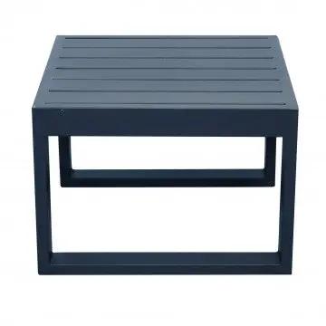 Vista laterale del Tavolino Cuba 45 x 45 in alluminio verniciato blu scuro, con struttura solida e design contemporaneo.