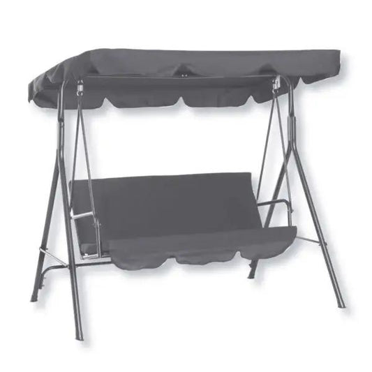 Dondolo Ischia 3 posti in acciaio verniciato grigio con tessuto poliestere 600D, ideale per il relax in giardino.