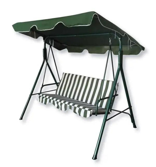 Dondolo Ischia 3 posti in acciaio verniciato verde con tessuto a righe in poliestere 600D, ideale per il relax all'aperto.
