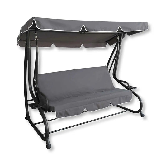 Altalena da giardino PANAREA Big con funzione letto reclinabile, tettuccio parasole e seduta con cuscini Oxford in tessuto grigio scuro.
