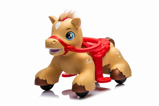 Cavallo elettrico per bambini 12 V marrone con criniera di peluche, dettagli colorati, ideale per giochi all'aperto e divertimento sicuro.