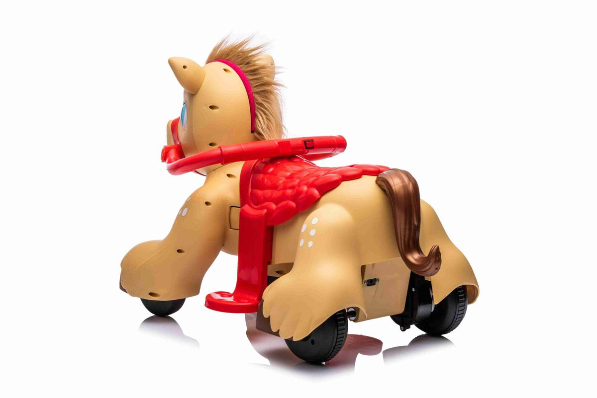 Retro del cavallo elettrico per bambini 12 V marrone con criniera di peluche, sedile comodo e manubrio rosso per guidare in sicurezza.