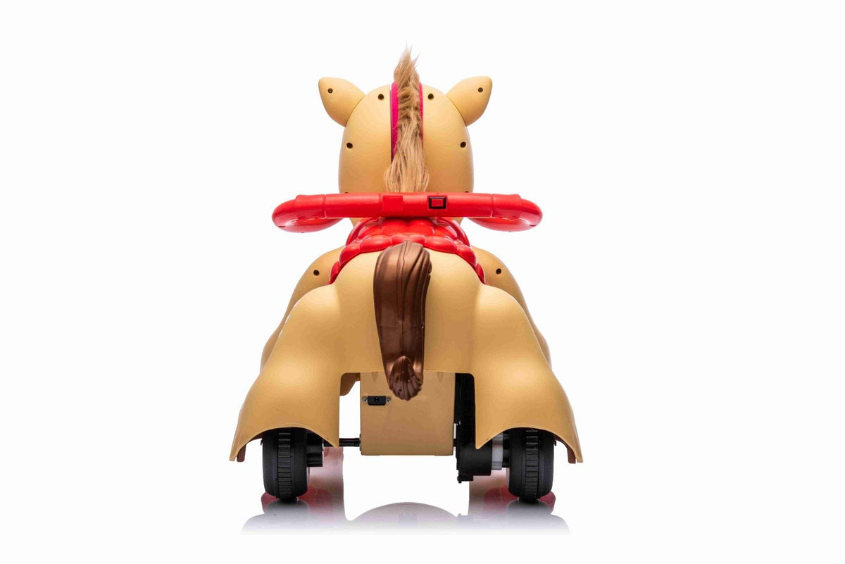 Vista frontale del cavallo elettrico per bambini 12 V marrone con grandi occhi colorati, criniera di peluche e dettagli realistici.