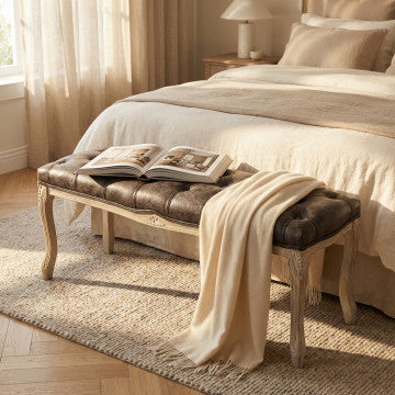 Panca in legno con rivestimento ecopelle vintage, dimensioni 110x36x47 cm