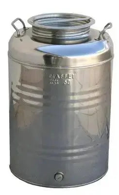 Damigiana Maffei in acciaio inox 18/10 da 100 litri con predisposizione per rubinetto, ideale per uso alimentare e campagna olearia.