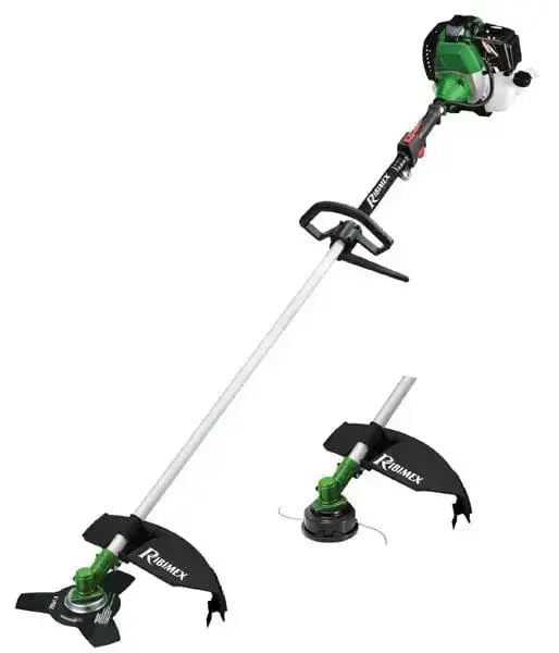 Decespugliatore a scoppio 52cc con motore a 2 tempi, lama a tre denti e rocchetto automatico. Impugnature e cinghia regolabili per uso in giardino.